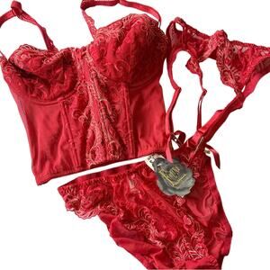 Felina Vintage Red Lace Lingerie Set - Bustier Panty & Garter Belt 34C Small